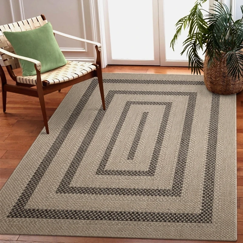Taupe Framed Stripe Indoor/Outdoor Area Rug