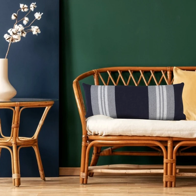 Cabana Navy and White Striped Cotton Lumbar Pillow