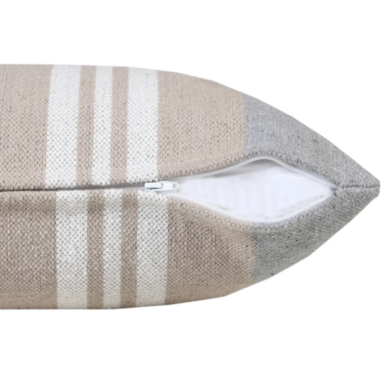 Cabana Gray and Beige Striped Cotton Lumbar Pillow