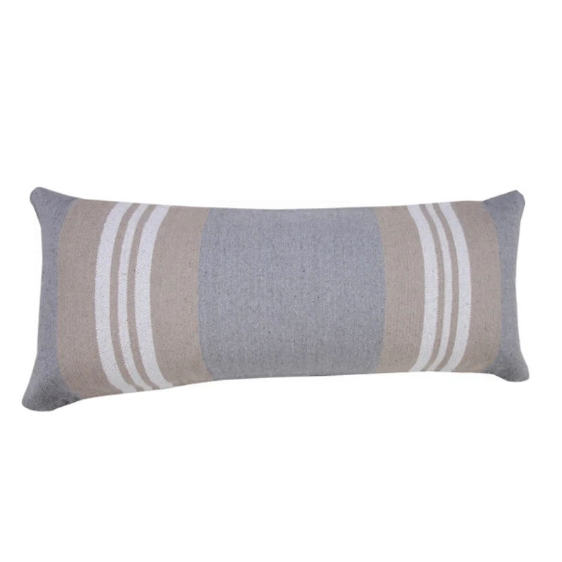 Cabana Gray and Beige Striped Cotton Lumbar Pillow