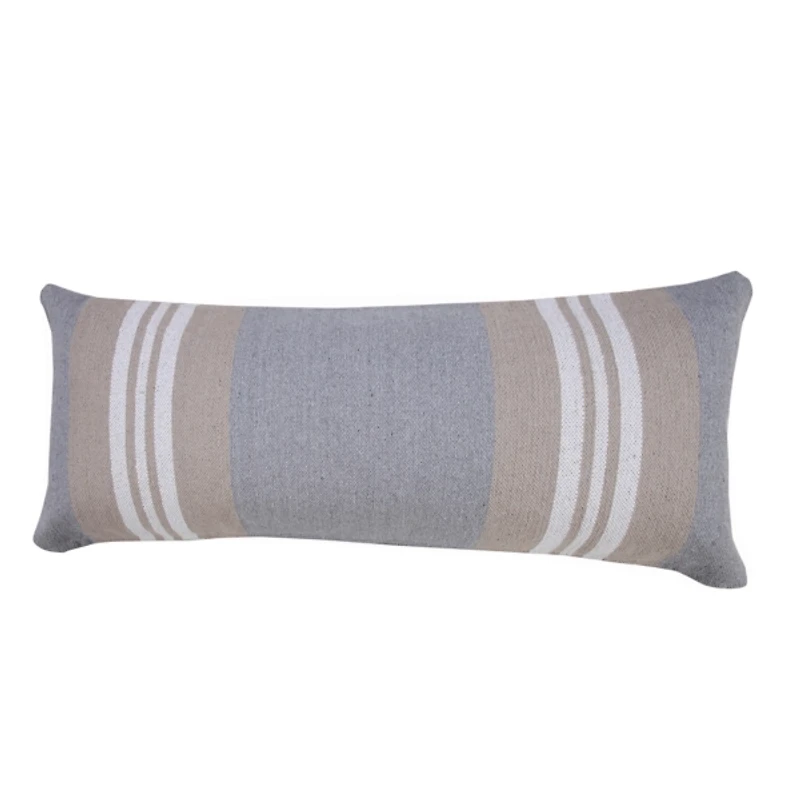 Cabana Gray and Beige Striped Cotton Lumbar Pillow