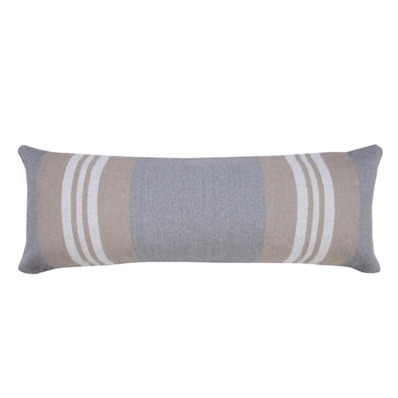 Cabana Gray and Beige Striped Cotton Lumbar Pillow