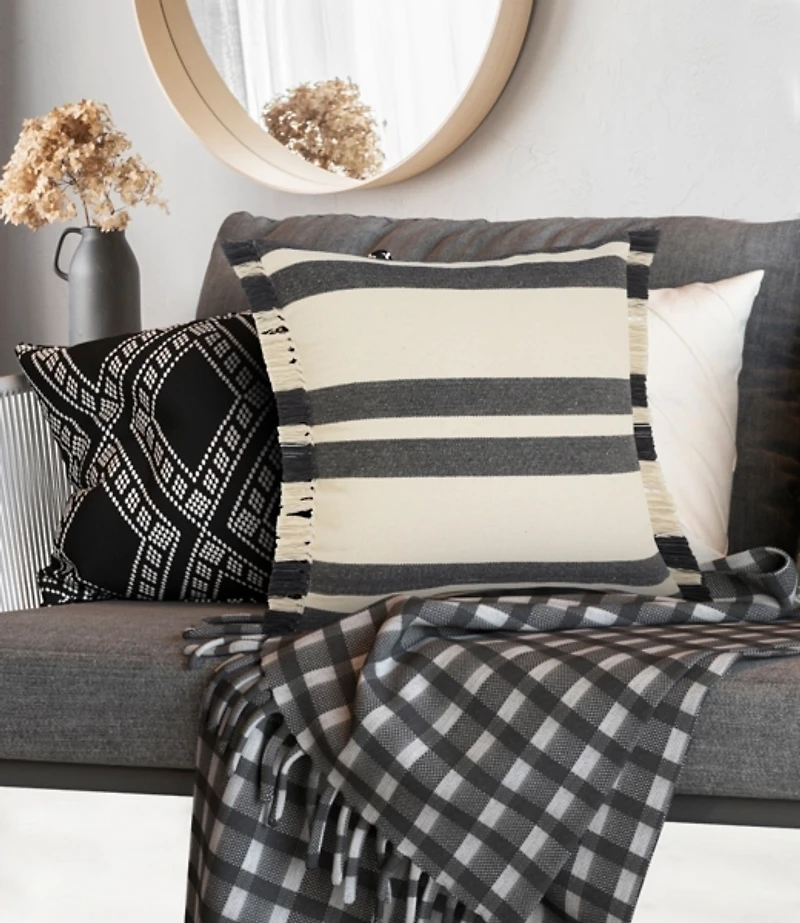 Gray and Cream Striped Fringe Cotton Pillow