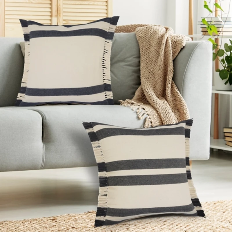 Gray and Cream Striped Fringe Cotton Pillow