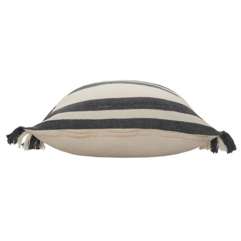 Gray and Cream Striped Fringe Cotton Pillow