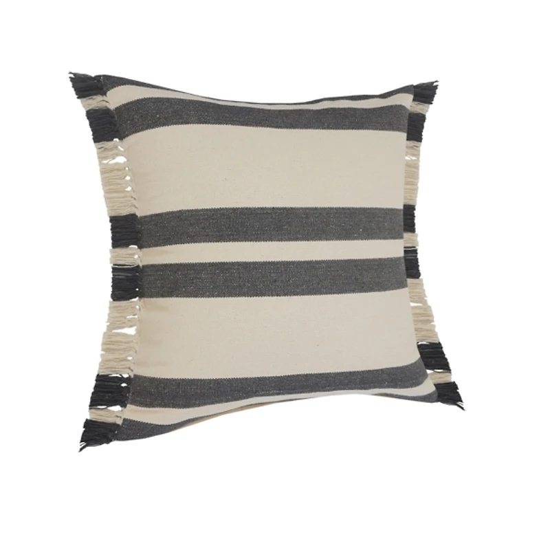 Gray and Cream Striped Fringe Cotton Pillow