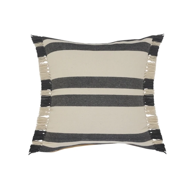 Gray and Cream Striped Fringe Cotton Pillow