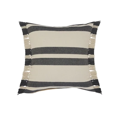 Gray and Cream Striped Fringe Cotton Pillow