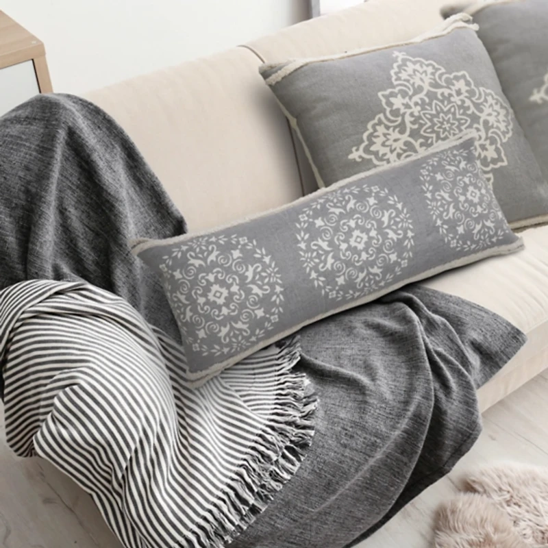 Gray and White Mandala Lumbar Pillow