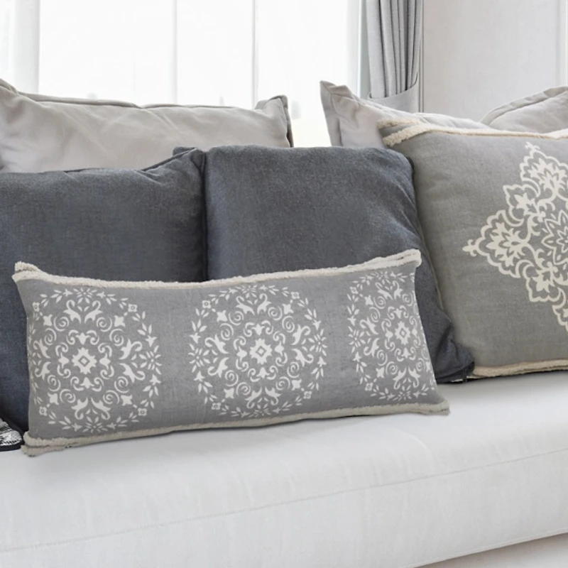 Gray and White Mandala Lumbar Pillow