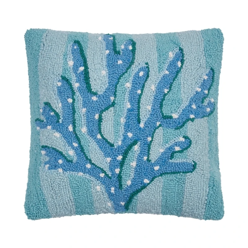 Blue Coral Stripe Hooked Pillow