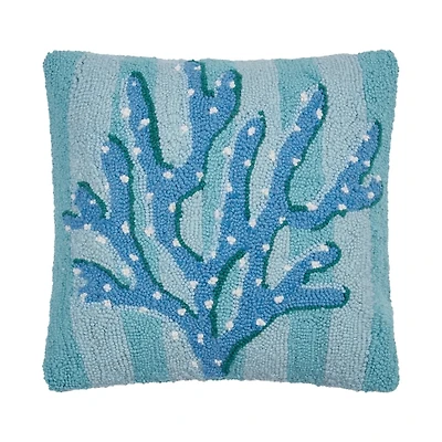 Blue Coral Stripe Hooked Pillow
