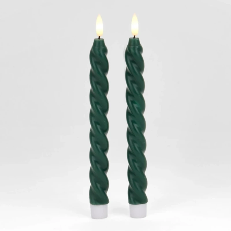 LED Green Twisted Taper Candles, Set of 2
