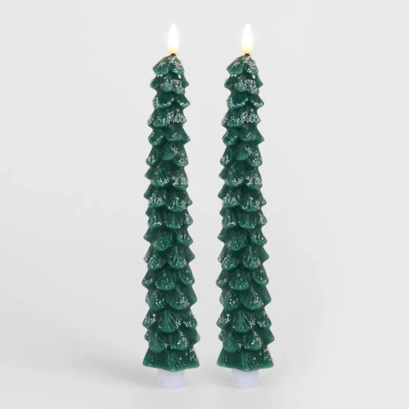 LED Flocked Tree Taper Candles, Set of 2