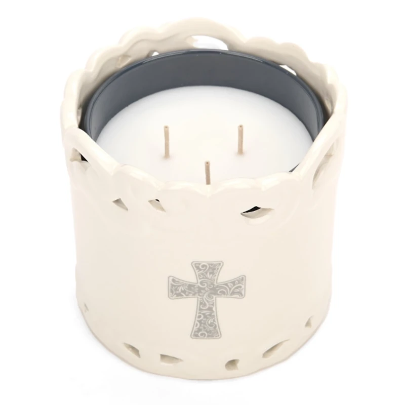 Gray Cross Ceramic 3-Wick Jar Candle Holder