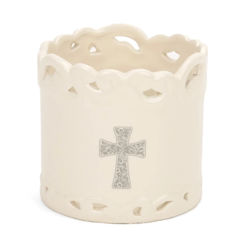 Gray Cross Ceramic 3-Wick Jar Candle Holder
