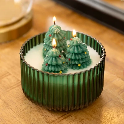 Flocked Fir Shaped 3D Triple Wick Jar Candle