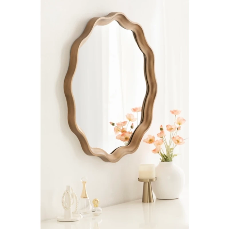 Round Gold Scalloped Wood Wall Mirror