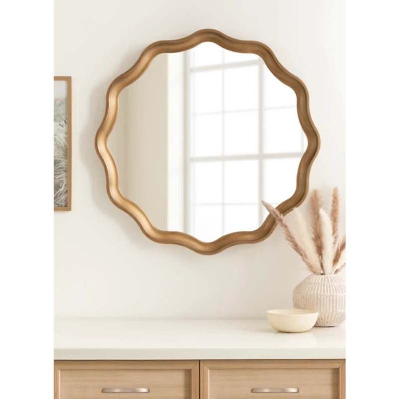 Round Gold Scalloped Wood Wall Mirror