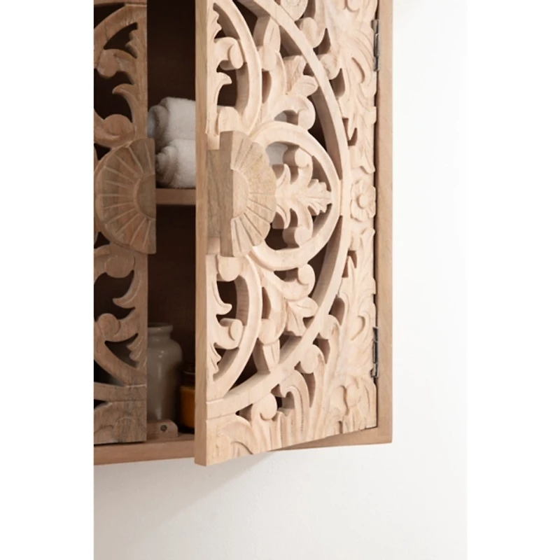 Natural Floral Carved Wood Wall Cabinet