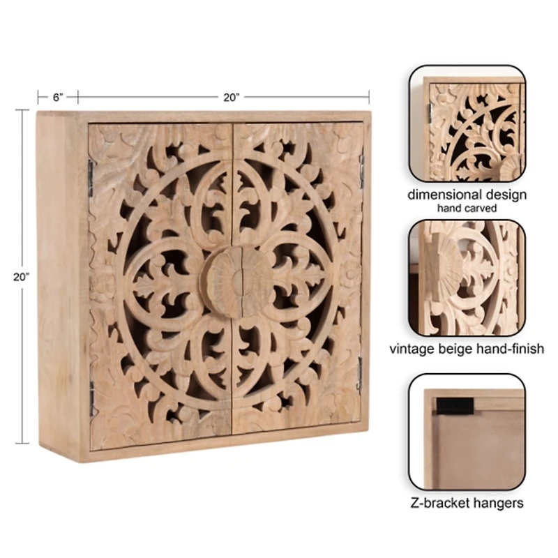 Natural Floral Carved Wood Wall Cabinet