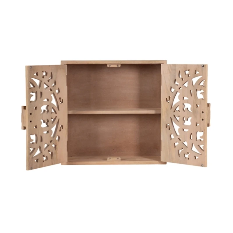 Natural Floral Carved Wood Wall Cabinet