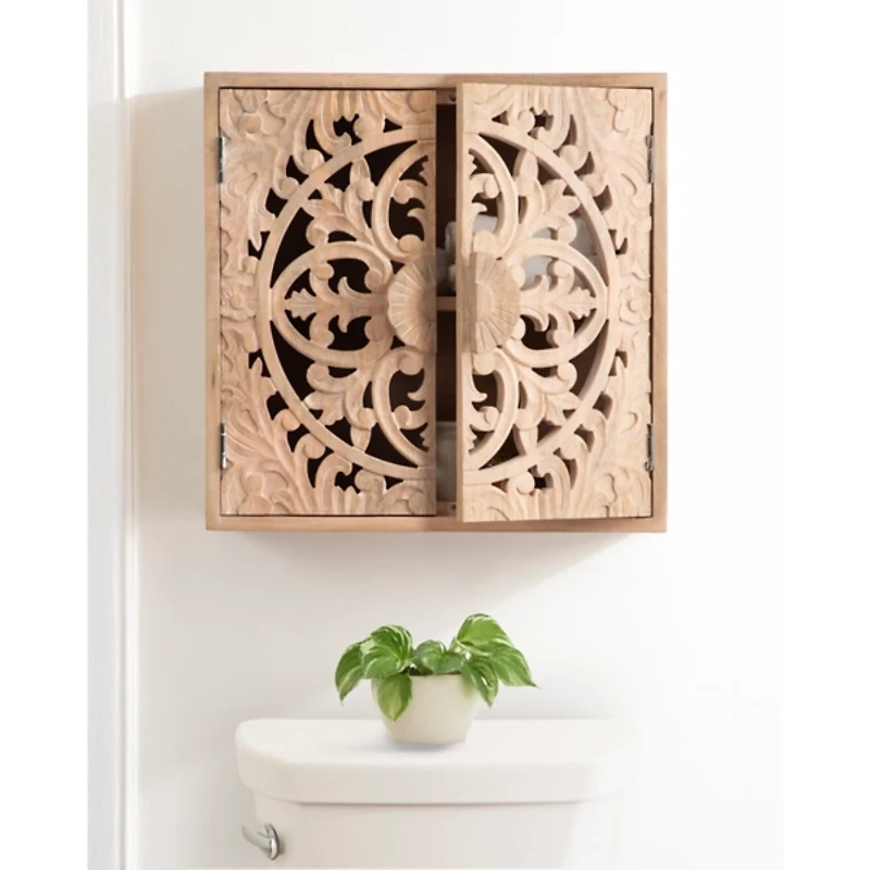 Natural Floral Carved Wood Wall Cabinet