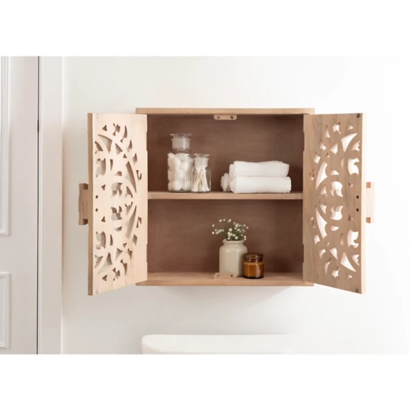 Natural Floral Carved Wood Wall Cabinet