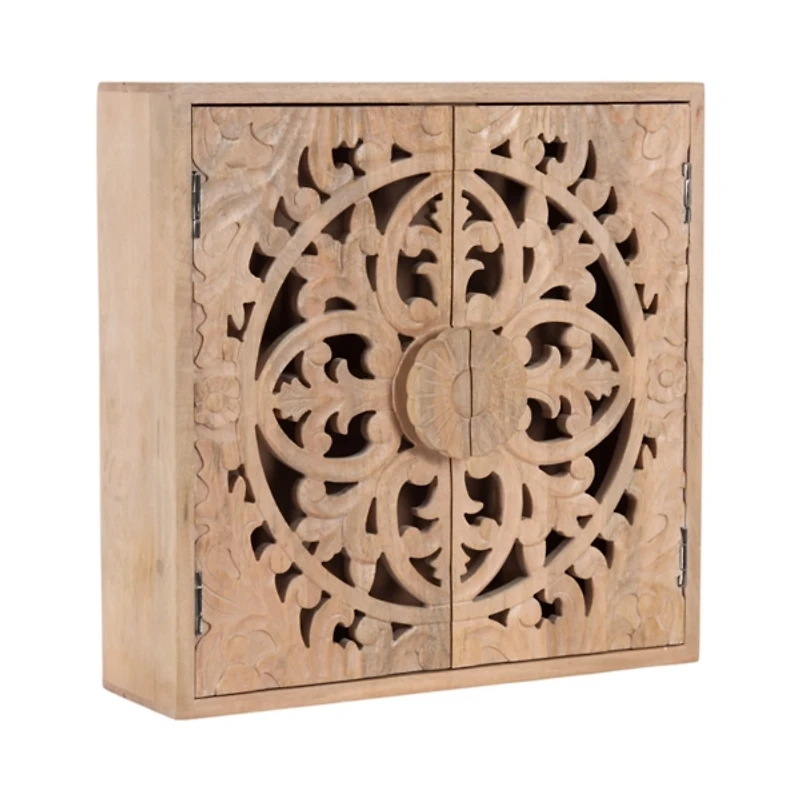 Natural Floral Carved Wood Wall Cabinet