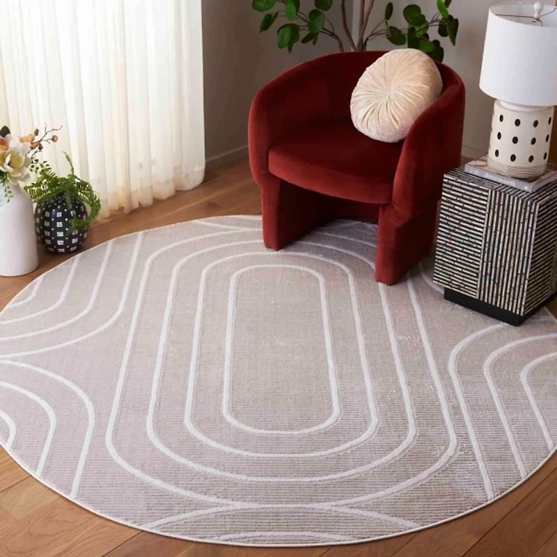 Beige Elselore Contemporary Round Area Rug, 6x6