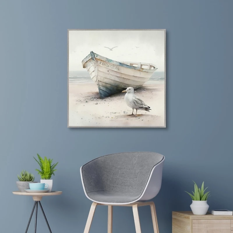 Rowboat Seagull Framed Canvas Art Print