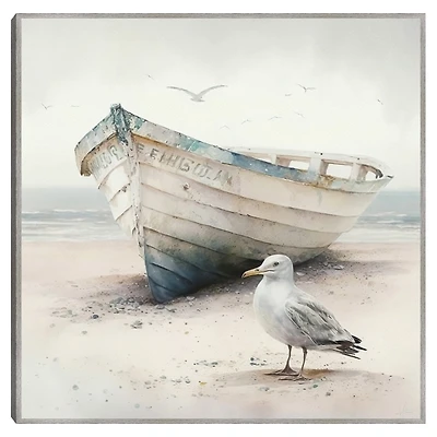 Rowboat Seagull Framed Canvas Art Print