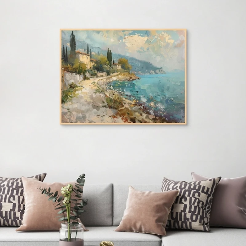 House on the Ocean Tan Framed Canvas Art Print