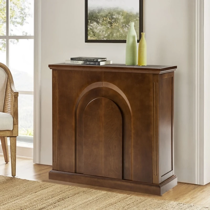 Distressed Walnut Carved Arch Cabinet