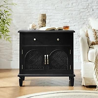 Black Arched Faux Rattan Door Nightstand