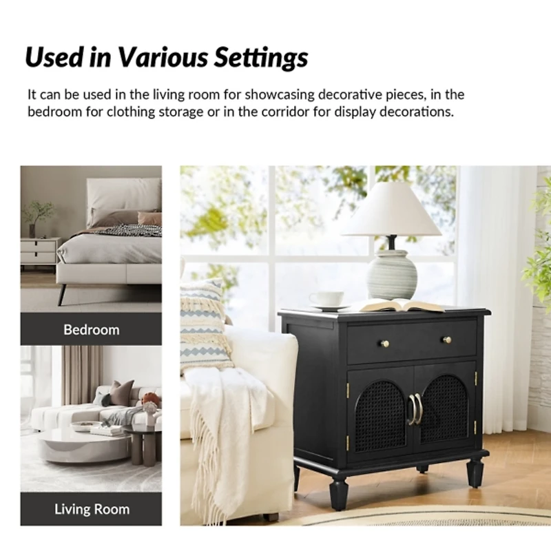 Black Arched Faux Rattan Door Nightstand