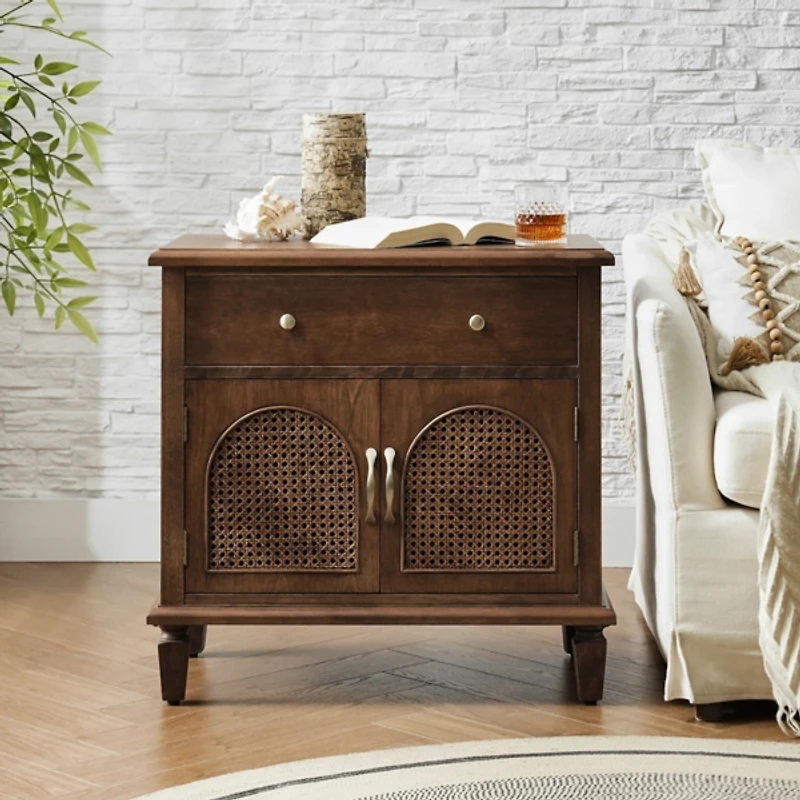 Walnut Arched Faux Rattan Door Nightstand