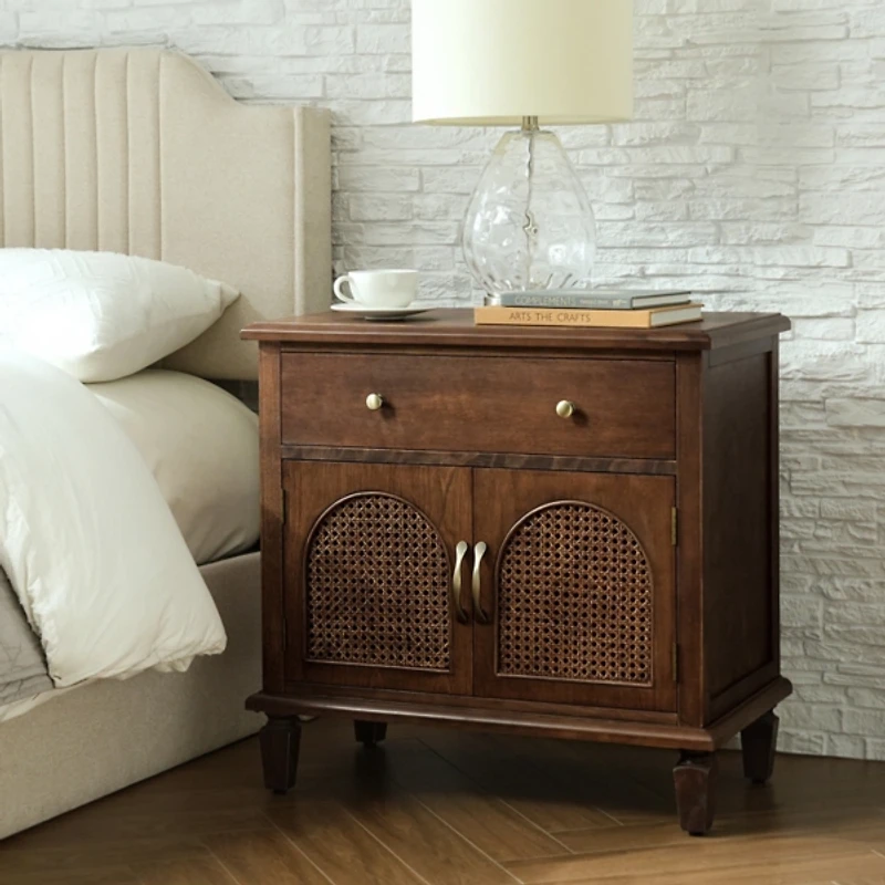 Walnut Arched Faux Rattan Door Nightstand
