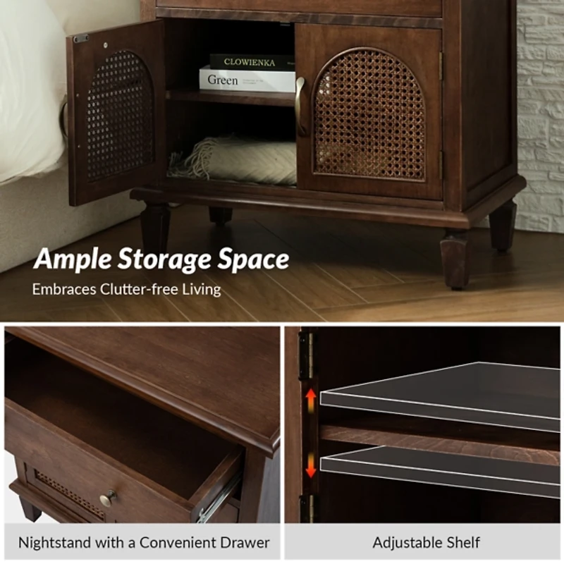 Walnut Arched Faux Rattan Door Nightstand