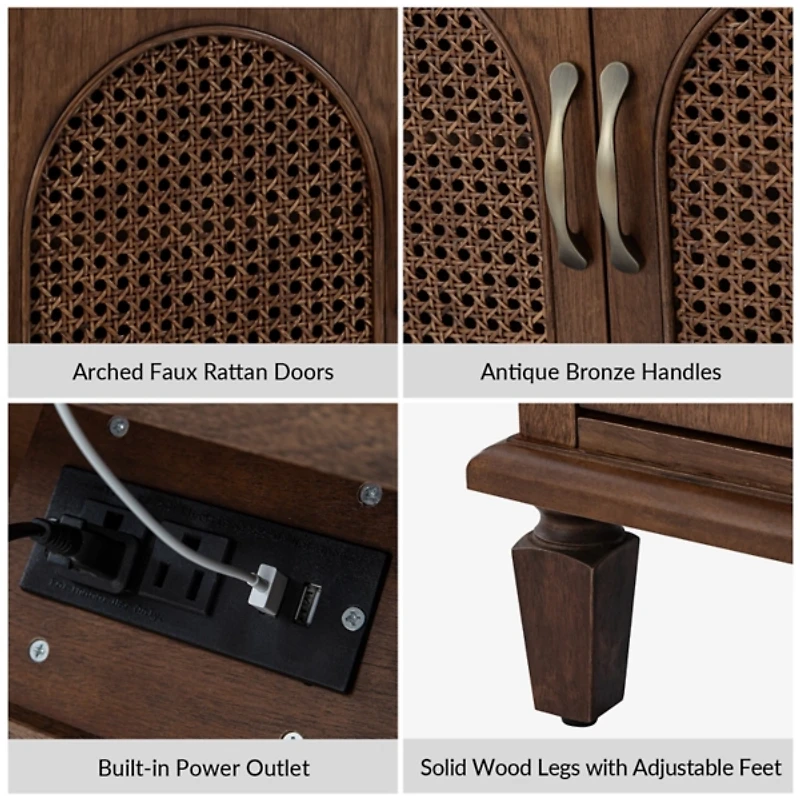 Walnut Arched Faux Rattan Door Nightstand