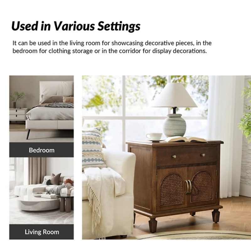 Walnut Arched Faux Rattan Door Nightstand