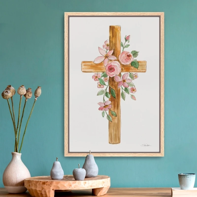 Blush Floral Cross Framed Canvas Art Print