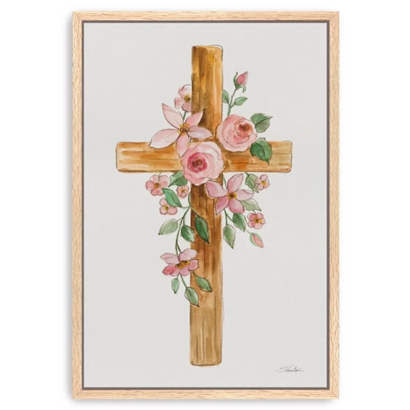 Blush Floral Cross Framed Canvas Art Print