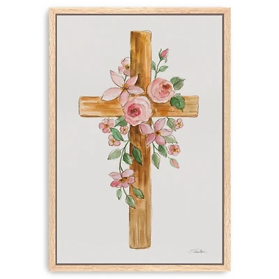 Blush Floral Cross Framed Canvas Art Print, 32x48