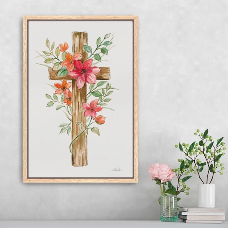 Pink Floral Cross Framed Canvas Art Print
