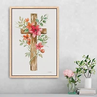 Pink Floral Cross Framed Canvas Art Print