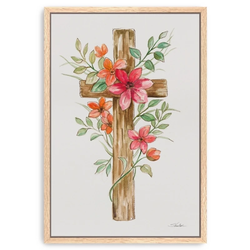 Pink Floral Cross Framed Canvas Art Print