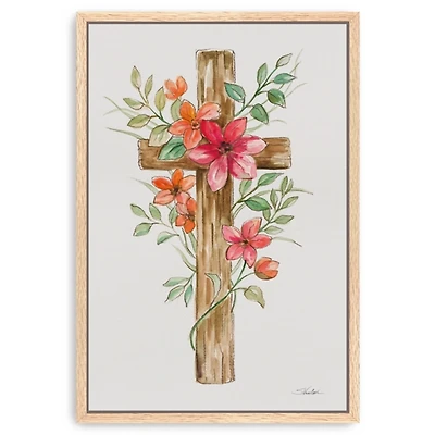 Pink Floral Cross Framed Canvas Art Print
