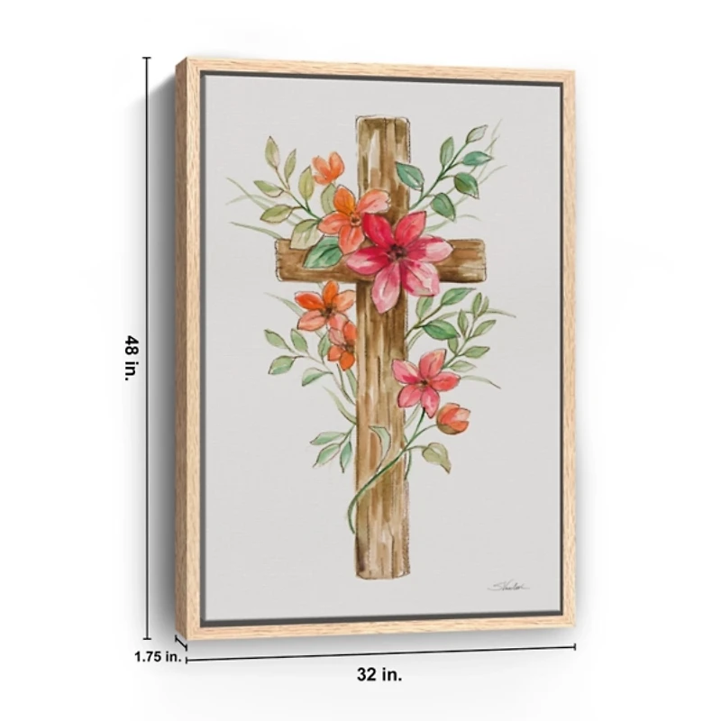 Pink Floral Cross Framed Canvas Art Print, 32x48