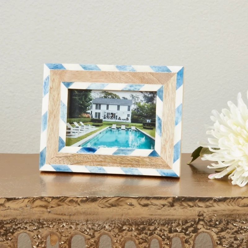 Blue Chevron Bone and Wood Picture Frame